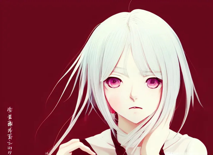 Image similar to anime visual, portrait of a white haired girl with red eye in her interior, cute face by ilya kuvshinov, yoshinari yoh, makoto shinkai, katsura masakazu, dynamic perspective pose, detailed facial features, kyoani, rounded eyes, crisp and sharp, cel shad, anime poster, ambient light