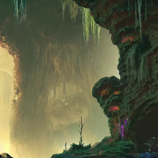 Image similar to interior of a cave with ancient ruins and plants, retrowave epic art, trending on artstation, cgsociety