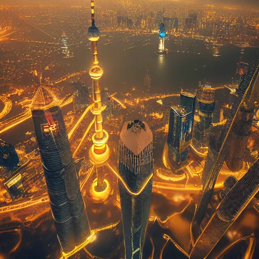 Prompt: a girl flying upon shanghai lujiazui in the night, bird view, cityscape, rain, artstation, 8 k