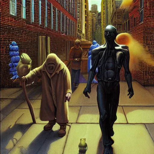 Image similar to a man is followed through the lower east side by strange figures he can only half - see. high quality high detail painting by david mattingly and ralph mcquarrie and richard corben, hd, realistic matte painting, photorealistic lighting, modern supernatural urban horror