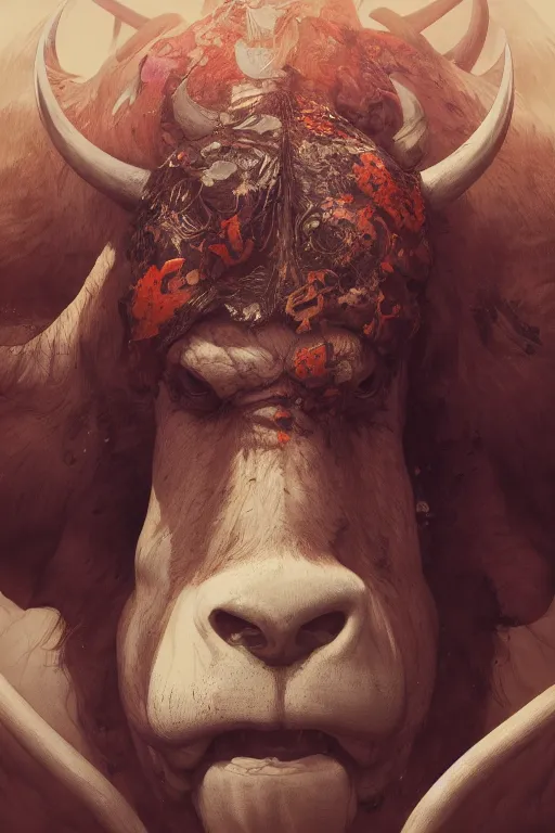 Image similar to a portrait of bull illustrated by miyazaki by karol bak, james jean, tom bagshaw, rococo, sharp focus, trending on artstation, cinematic lighting, hyper realism, octane render, 8 k, hyper detailed, vivid, ultra detailed, highly detailed