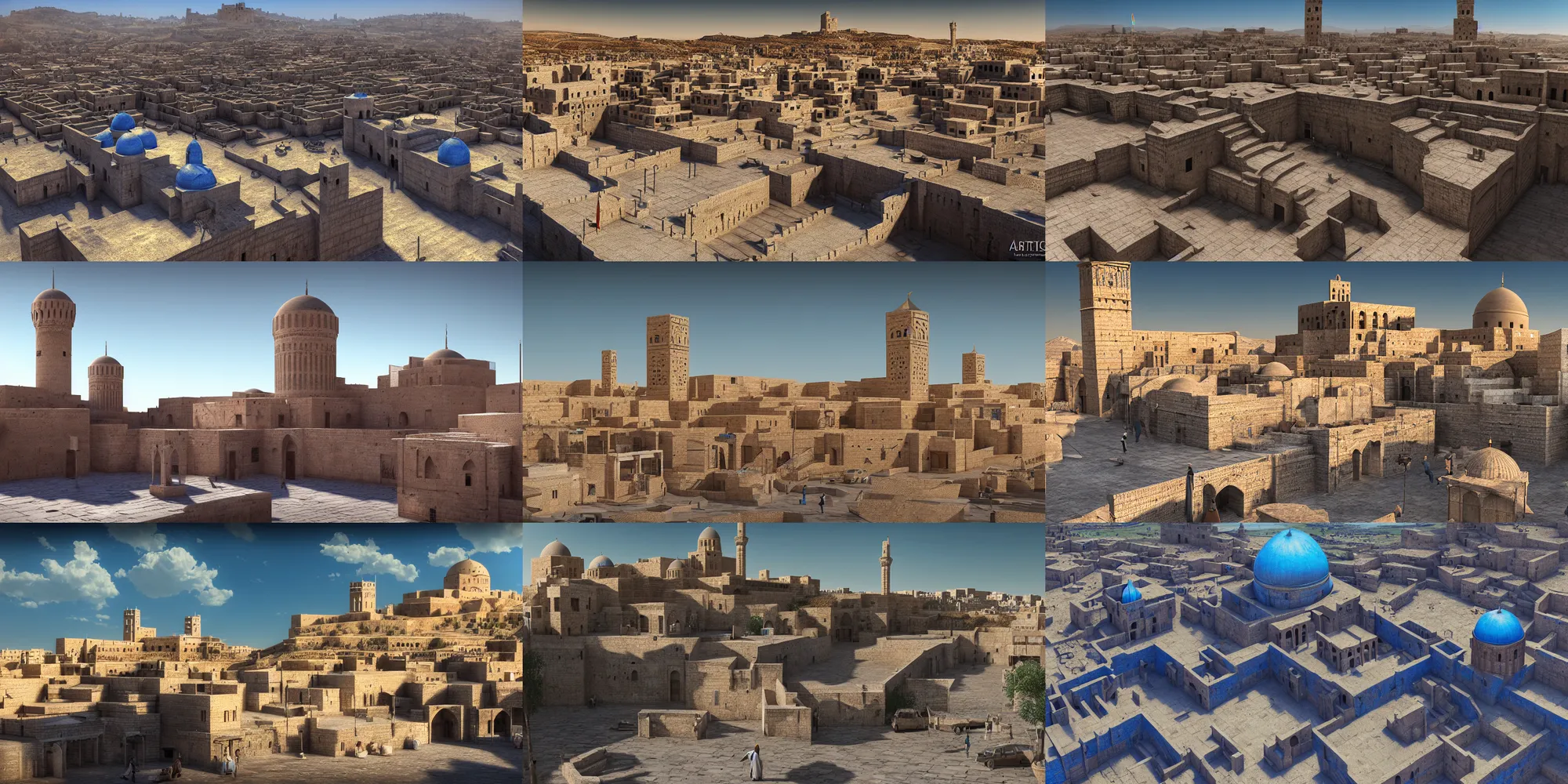 Prompt: artstation scene, citadel of erbil, old town mardin, kurdistan, bright blue sky, unreal engine 5, hyper realism, realistic shading, cinematic composition, blender render, octane render, hdr, detailed textures, photorealistic, wide shot, jordan grimmer