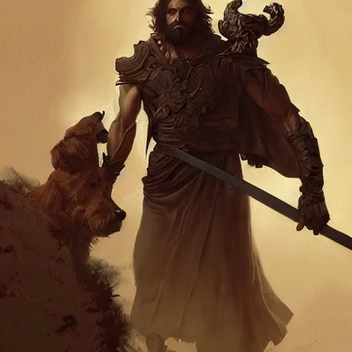 Image similar to portrait of a gruff ranger carrying the holy lance of longinus, Cain, muscular, hairy body, with a dog, intricate, elegant, highly detailed, digital painting, artstation, concept art, matte, sharp focus, illustration, art by Artgerm and Greg Rutkowski and Alphonse Mucha