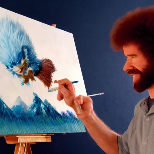 Image similar to a closeup photorealistic photograph of bob ross working on a canvas painting sonic the hedgehog. film still. brightly lit scene. mountain scape. this 4 k hd image is trending on artstation, featured on behance, well - rendered, extra crisp, features intricate detail, epic composition and the style of unreal engine.