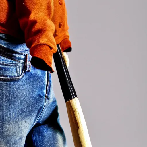 Prompt: photo of a mannequin wearing a brown letterman jacket and jeans, holding a baseball bat, low angle shot, 4k, photorealistic, hd, film grain