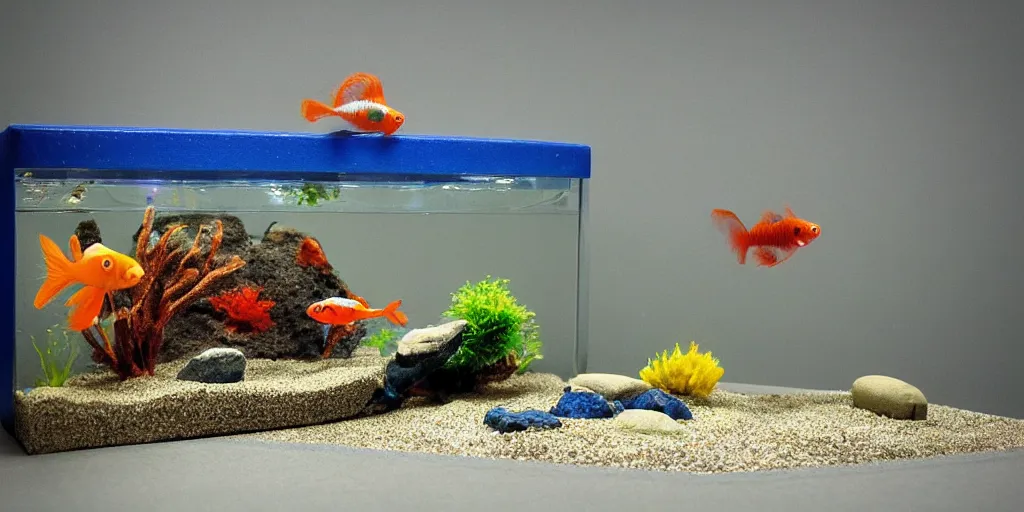 Prompt: fish tank in hospital waiting room. plasticine sculpture. gravel. siamese fighter fish. sand. stop motion. minimal. john craxton.