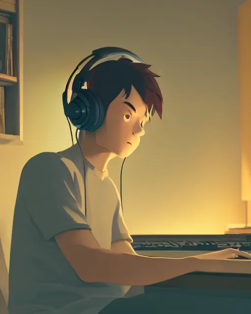 Image similar to man with headphones at his home studio producing music late at night, very detailed, 4 k, cory loftis, james gilleard, atey ghailan, makoto shinkai, goro fujita, studio ghibli, rim light, exquisite lighting, clear focus, very coherent