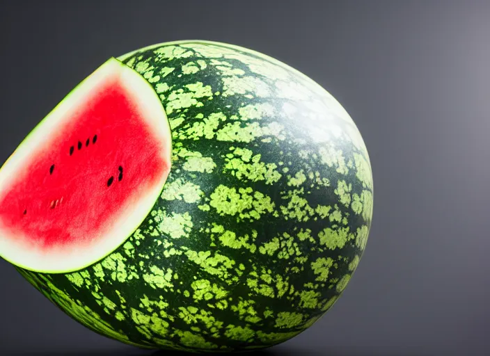 Image similar to photo still of a watermelon with human eyes and mouth, 8 k, studio lighting bright ambient lighting key light, 8 5 mm f 1. 8