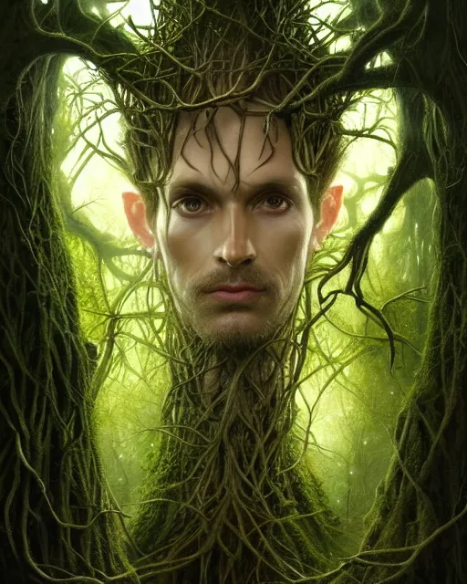 Image similar to symmetry portrait of moss king of ent of fangorn forest, glam, fae, fireflies, forest background, intricate, elegant, highly detailed, digital painting, artstation, concept art, smooth, sharp focus, illustration, darkness, art by artgerm and greg rutkowski and fra angelico and alphons mucha
