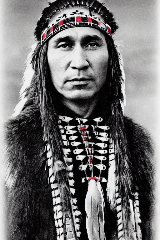 Image similar to Photo of Native American indian man Vladimir Putin, portrait, skilled warrior of the Apache, ancient, realistic, detailed, Emma Watson