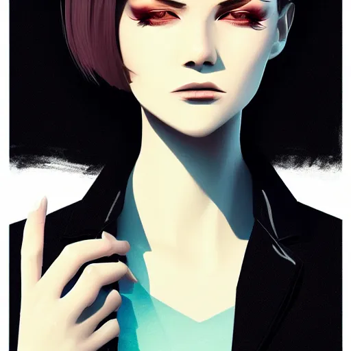 Image similar to young killer female in black jacket suit, muted colors, matte print, pastel colors, 2d, ultra highly detailed, smooth, sharp focus, digital art, digital painting, fan art, elegant, artstation, head is centered, by Ilya Kuvshinov