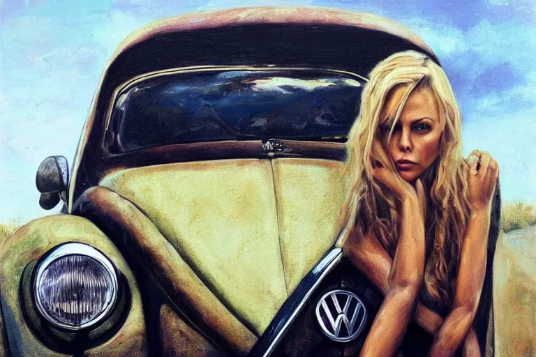 Prompt: beautiful beautiful charlize theron with long blonde hair locks holds over its head on its two hands old volkswagen beetle, oil on canvas, naturalism