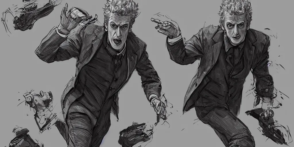 Prompt: cartoonish peter capaldi running, character sheet, fine details, concept design, contrast, kim jung gi, greg rutkowski, trending on artstation, 8 k, full body, turnaround, front view, back view, ultra wide angle