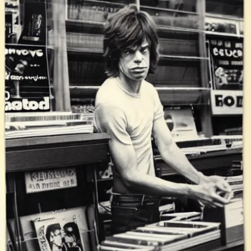 Prompt: mick jagger working in a record store in 1 9 6 9, polaroid photo, artistic, realistic, snapshot