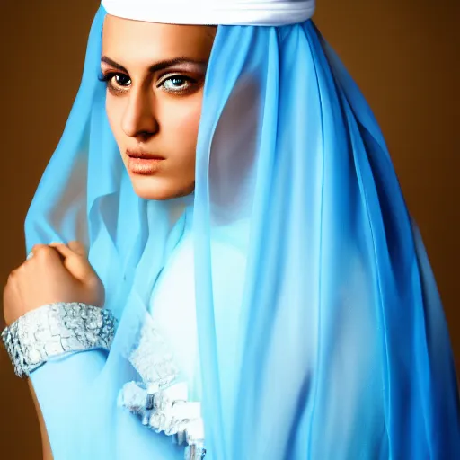 Image similar to Arab young Monica Belluci, tanned skintone, bright blue eyes, white transparent veil, glare face, light blue dress portrait