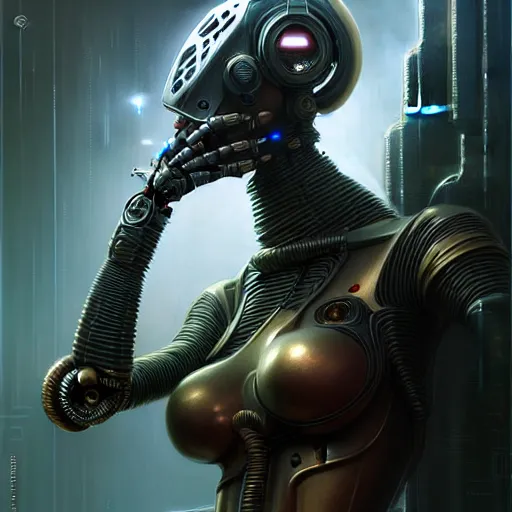 Image similar to low angle shot of a cyberpunk gazmask robot character, intricate, elegant, highly detailed, centered, digital painting, artstation, concept art, smooth, sharp focus, illustration, artgerm, Tomasz Alen Kopera, Peter Mohrbacher, donato giancola, Joseph Christian Leyendecker, WLOP, Boris Vallejo