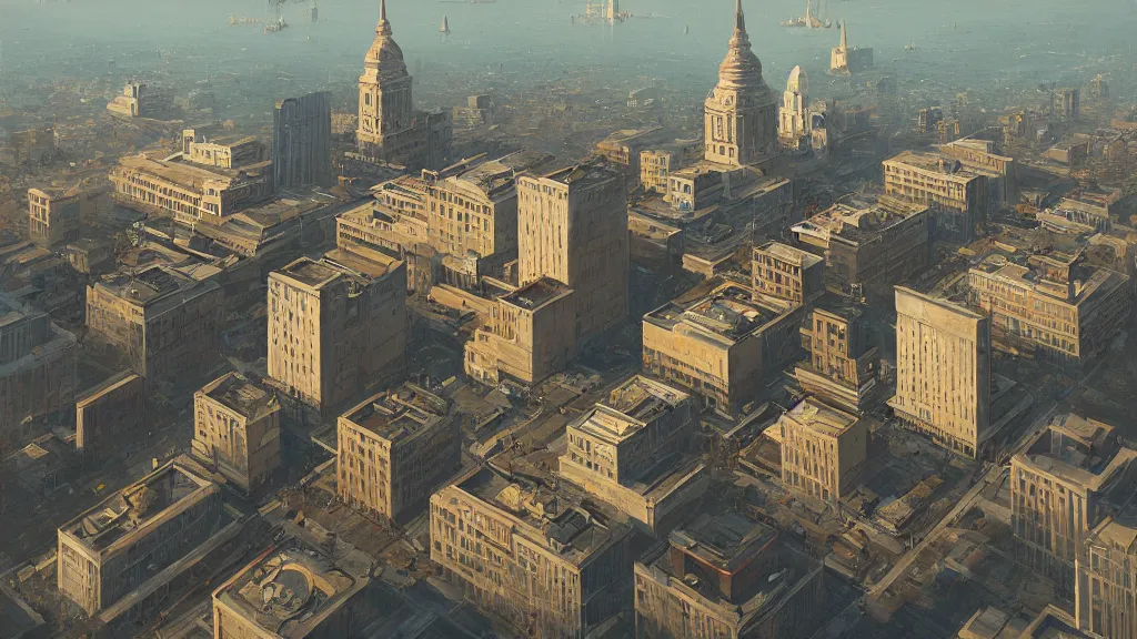 Image similar to isometric view of downtown madison, beautiful painting by greg rutkowski, trending on artstation