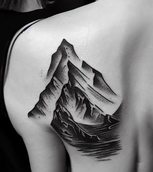 Image similar to tattoo design sketch of an extremely beautiful woman with a background of beautiful mountains on her side, hyper - realistic, double exposure effect, in the style of den yakovlev, amazing detail, black and white, faded