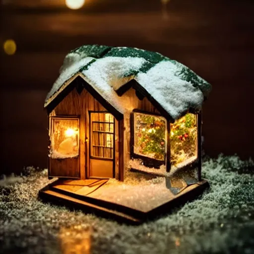 Prompt: a tiny wooden cottage with warm lights in the snow inside a terrarium bottle.