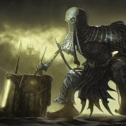 Prompt: squidward as a dark souls boss by Mark Powell