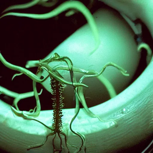 Image similar to filmic extreme realistic wide shot dutch angle movie still 35mm film color photograph of a doctor being decapitated by a spiney alien tendril