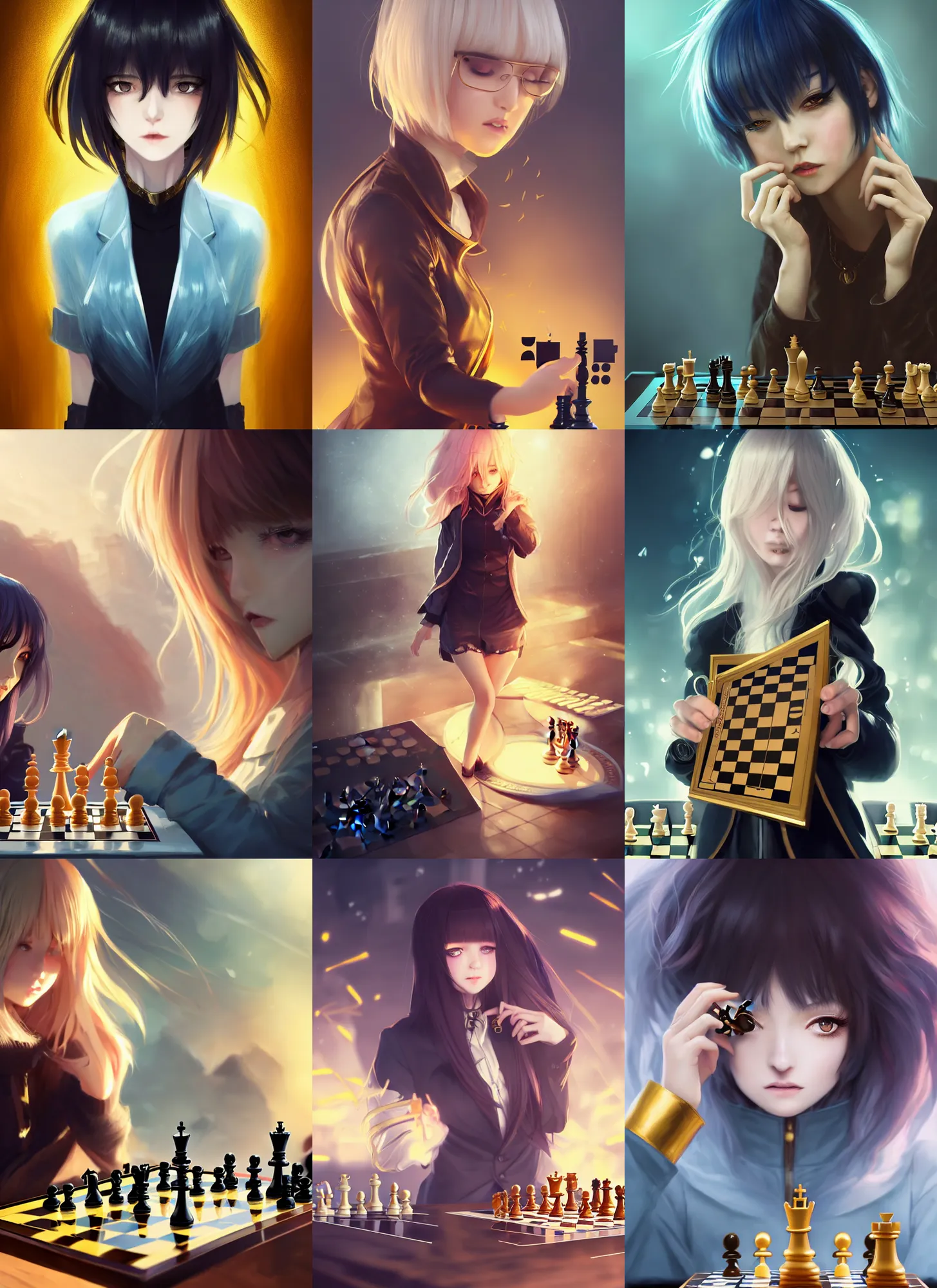 Prompt: female playing chess, with golden!! eyes!!, straight sky blue hair, long bangs, black jacket, high collar, concept art, award winning photography, digital painting, cinematic, by wlop, anime key visual, wlop, 8 k, by ross tran, chengwei pan, paul kwon,