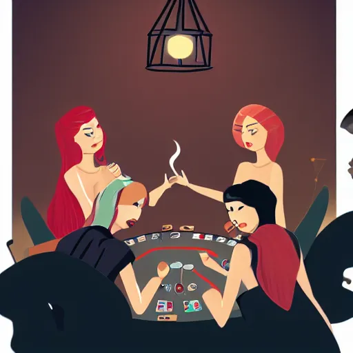 Image similar to a illustration of female angels playing poker and smoking, trending on artstation, cinematic