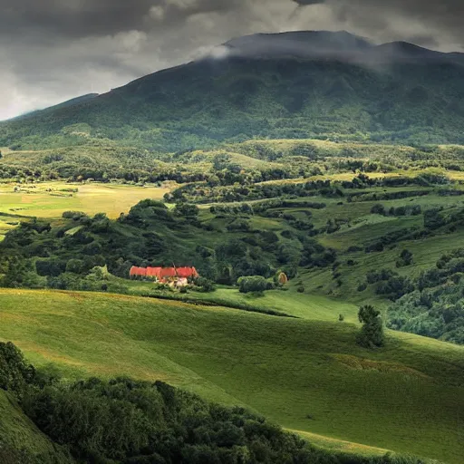 Prompt: Vast verdant empty flat valley surrounded by Transylvanian mountains. A huge zeppelin in the sky among dark clouds. A ruined medieval castle on the hillside in the background. No villages or buildings. Late evening light in the summer, gloomy weather. Hyperrealistic, high quality, sharp, highly detailed, petru bejan.