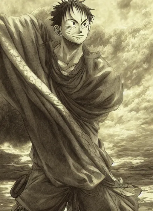 Image similar to luffy, anime, manga, epic scene, photorealistic, highly detailed, texture, soft light, dramatic, moody, ambient, painting by gustave dore