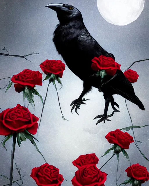 Image similar to portrait, A crow with red eyes in front of the full big moon, book cover, red roses, red white black colors, establishing shot, extremly high detail, foto realistic, cinematic lighting, pen and ink, intricate line drawings, by Yoshitaka Amano, Ruan Jia, Kentaro Miura, Artgerm, post processed, concept art, artstation, matte painting, style by eddie, raphael lacoste, alex ross