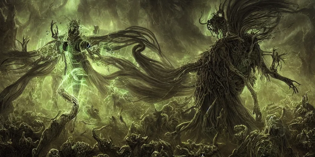 Image similar to A hauntedly beautiful yet grotesque wraith of pestilence and disease glowing with green ethereal light, with arms outstretched she hovers atop a hoard of swarming undead rats, high quality, hyperdetailed, fantasy,