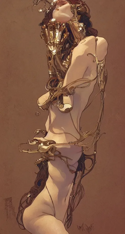 Image similar to beauty art nouveau woman, rusty robotic, trending on artstation, by WLOP,Artgerm,Greg Rutkowski,Alphonse Mucha