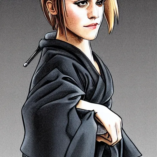 Image similar to an illustration of emma watson dressed like a japanese ninja