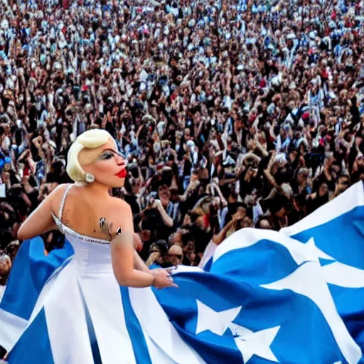 Image similar to Lady Gaga as Evita, Argentina presidential rally, Argentine flags behind, bokeh, epic photo, detailed, Argentina