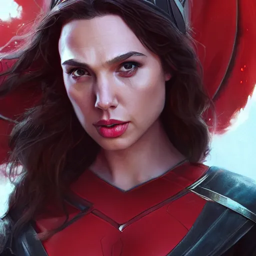 Image similar to a potrait of Gal Gadot as Scarlet witch by Greg Rutkowski, Sung Choi, Mitchell Mohrhauser, Maciej Kuciara, Johnson Ting, Maxim Verehin, Peter Konig, 8k photorealistic, cinematic lighting, HD, high details, dramatic, trending on artstation, full body shot