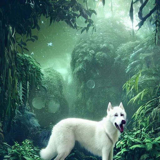 Image similar to white alaskan husky creature creature in a lush vegetation, warm tones, bioluminescent translucent : : by michal karcz, daniel merriam, victo ngai and guillermo del toro : : ornate, dynamic, particulate, intricate, elegant, highly detailed, centered, artstation, smooth, sharp focus, octane render, 3 d