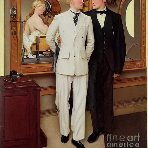 Prompt: beautiful Painting of lucius as a tailor, long blond drill curls, delicate androgynous prince, pale milky porcelain skin, sharp tan suit and waistcoat, by Leyendecker and Norman Rockwell