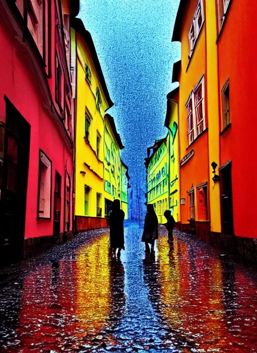 Prompt: colored gummy people walking down a rainy cobbled street in sopron, by james gurney, cyberpunk, dystopian art, epic, dramatic lighting, intricate details, scifi, hd