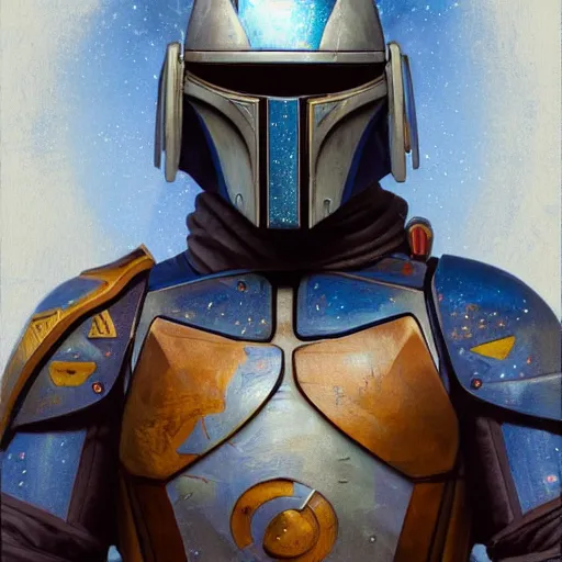 Image similar to portrait of jango fett, D&D, fantasy, elegant, hopeful, cosmic, muscular, highly detailed, digital painting, artstation, concept art, smooth, sharp focus, illustration, art by alphonse mucha