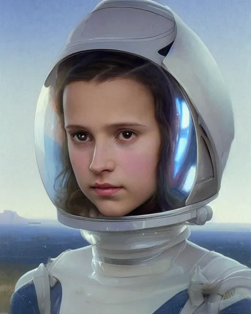 Image similar to a portrait painting of a shy, blushing 1 6 - year old alicia vikander or millie bobby brown, backlit, wearing a futuristic translucent iridescent plastic space suit with a space helmet, elegant, highly detailed, artstation, concept art, by krenz cushart and donato giancola and william adolph bouguereau and alphonse mucha