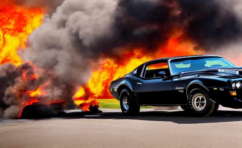 Prompt: a black 1 9 7 3 pontiac firebird trans am sd - 4 5 5 driving high speed, fire explosion in the background, action scen. realistic. high resolution. dramatic