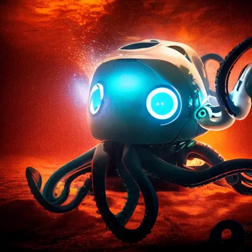 Image similar to a robot cyborg octopus, half octopus half machine, glowing eyes, underwater, murky, dark, ominous, film still