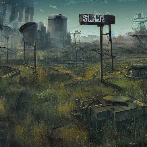 Prompt: post-apocalyptic solarpunk landscape, 4k, in the style of Valve, overgrown, rundown