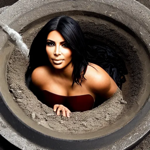 Prompt: photo of kim kardashian trapped inside a sewer drain