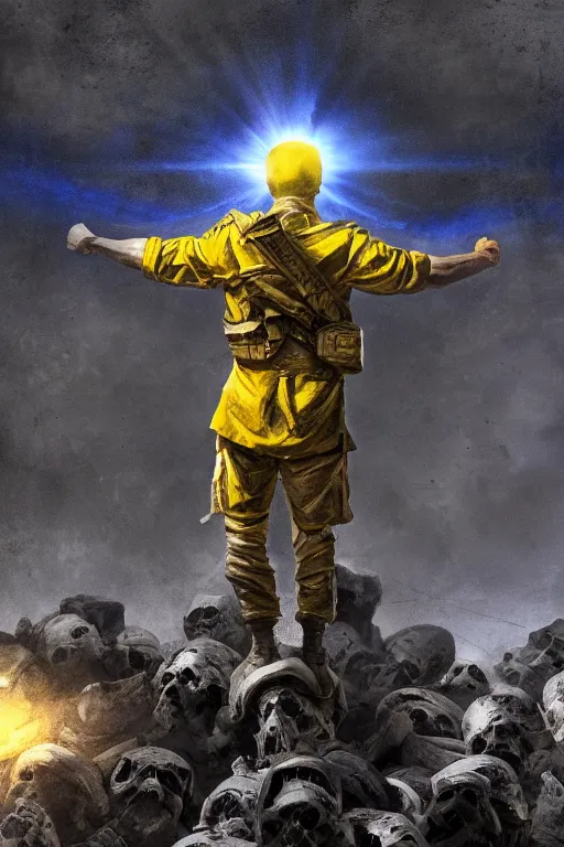 Prompt: A distant front view shot of a soldier with blue and yellow flag in his hand while he is standing on a huge pile of skulls in triumph after the battle, head is up, flag in hands up, dark atmosphere, nuclear war, bright rays of light, beams of light, intricate, volumetric lighting, volumetric lights, highly detailed, smooth, artstation, digital illustration by Ruan Jia and Mandy Jurgens and Artgerm and Wayne Barlowe and Greg Rutkowski and Frank Frazetta