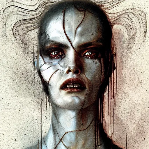 Image similar to surreal portrait of a woman by Greg Rutkowski and H.R Giger, Vincent Di Fate, cyborg of old age, symmetrical, hair as wires, haunting appearance, pale as marble, biomechanical and intricate, empty and uncany expression, frightening, space horror, fascinating, highly detailed portrait, digital painting, artstation, concept art, smooth, sharp focus illustration, duo tone, HQ.