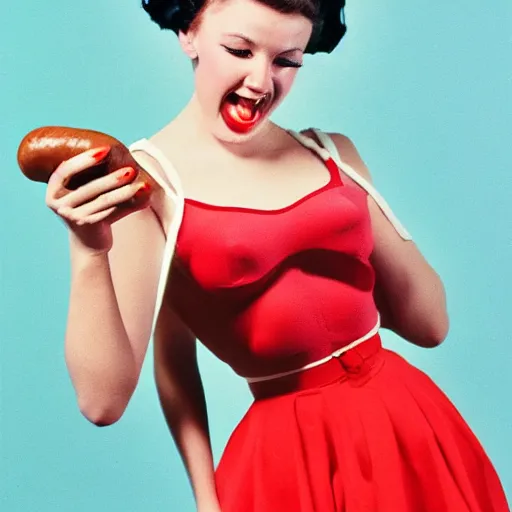 Prompt: ecstatic female fashion model holding an enormous sausage. pinup fine - art eritography, 3 5 mm, f / 2, cinechrome asa 2 0 0, collection of sfmoma, 1 9 8 8, postcard print.