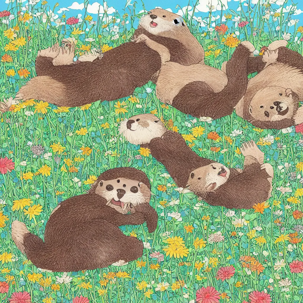 Prompt: a color manga illustration of an otter and a sloth lying in a field of wildflowers and eating sushi. the view is top down. his mood is one of delicious bliss. the image is illustrated in high colorful detail by masashi kishimoto and is very very very detailed.