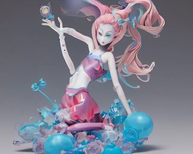 Prompt: James Jean isolated magical girl vinyl figure, figure photography, holographic undertones, glitter accents on the figure, anime stylized, high detail, ethereal lighting - H 640