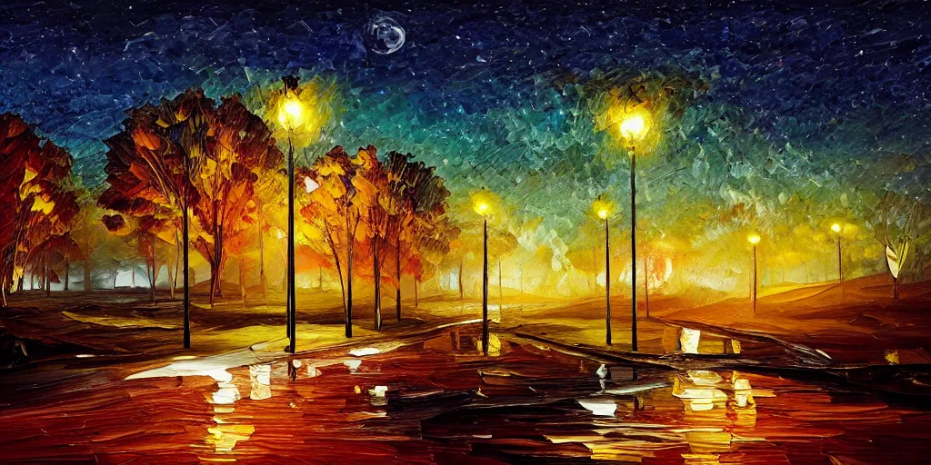 Image similar to nighttime nature landscape, oil painting, ultra realistic, highly detailed, hd, sharp focus, cinematic lighting, warm colors, realistic, photorealistic, vivid colors, painting, non blurry, sharp, smooth, illustration